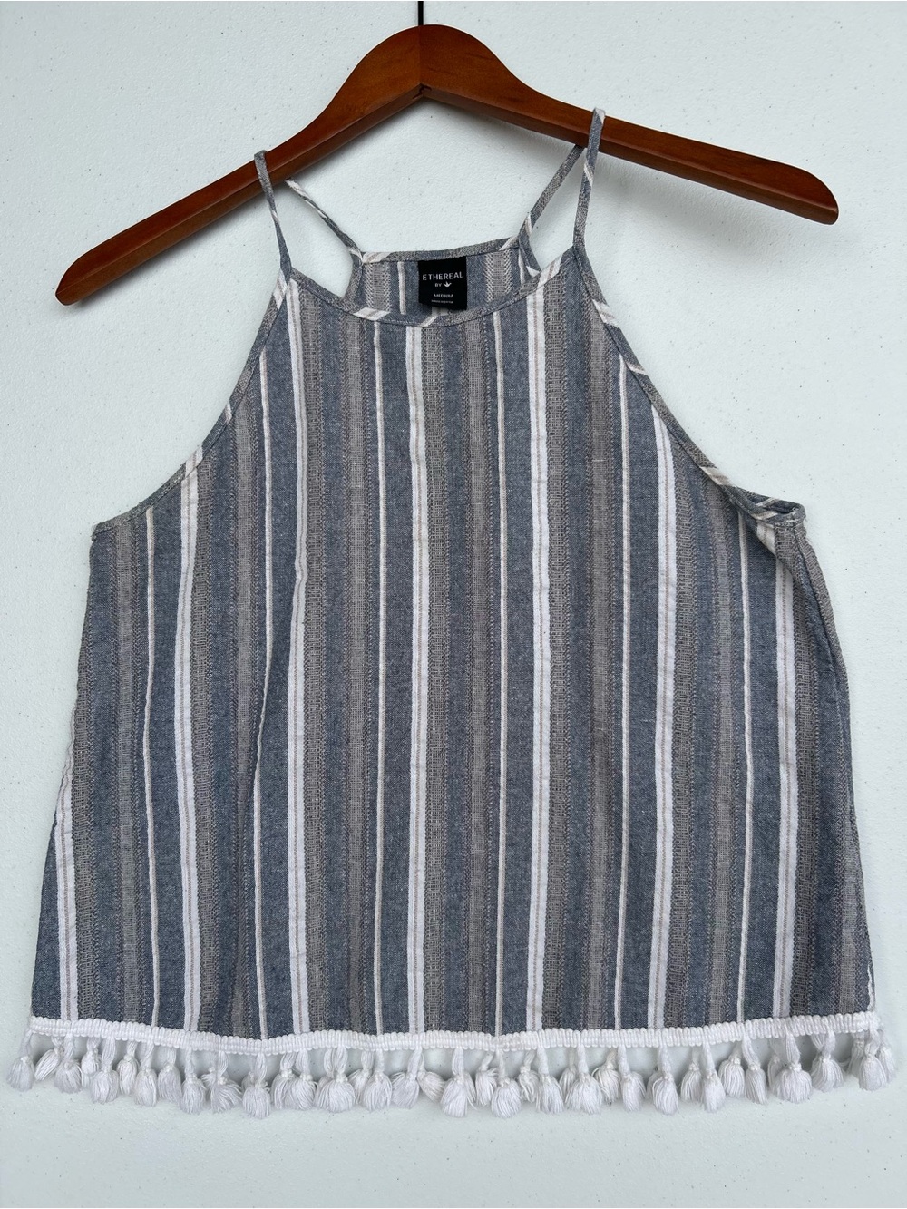 Ethereal by Paper Crane Striped High Neck Camisole Top with Fringe Trim Size S